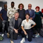The comedians (back row, from left) Jason Patterson, Romesh Ranganathan, James Ellis, Jack Dee and Angela Barnes. (Front row, from left) Adam Hills and Suzi Ruffell.