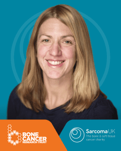 Professional headshot of Dr Sarah Snelling, a blonde woman in navy jumper smiling against teal background. Features Bone Cancer Research Trust and Sarcoma UK charity logos at bottom of promotional image.