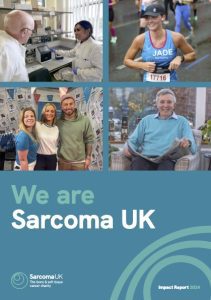 Four-panel image showing the diverse activities of Sarcoma UK charity. Top left: A healthcare professional in white coat working with a colleague at laboratory equipment. Top right: A runner named Jade wearing race number 17716 in blue athletic wear, smiling during what appears to be a charitable running event. Bottom left: Three people posing together at what looks like a fundraising or awareness event, with promotional materials visible in the background. Bottom right: An older gentleman in a light blue jumper sitting comfortably in what appears to be a clinical or care setting. The bottom features the text "We are Sarcoma UK" on a teal background with curved design elements, alongside the Sarcoma UK logo and "Impact Report 2024" designation.