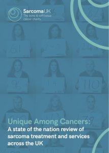 Cover of Sarcoma UK's report "Unique Among Cancers: A state of the nation review of sarcoma treatment and services across the UK". The blue-toned design features a grid of patient photographs in the background, each person holding signs with numbers and names. The Sarcoma UK logo appears in the top left corner, identifying the organisation as "The bone & soft tissue cancer charity". Curved green design elements frame the composition.