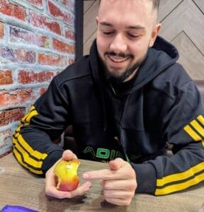 Joe Richards with apple