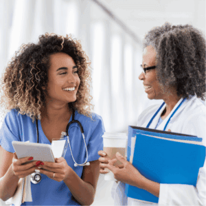 Two healthcare professionals talking